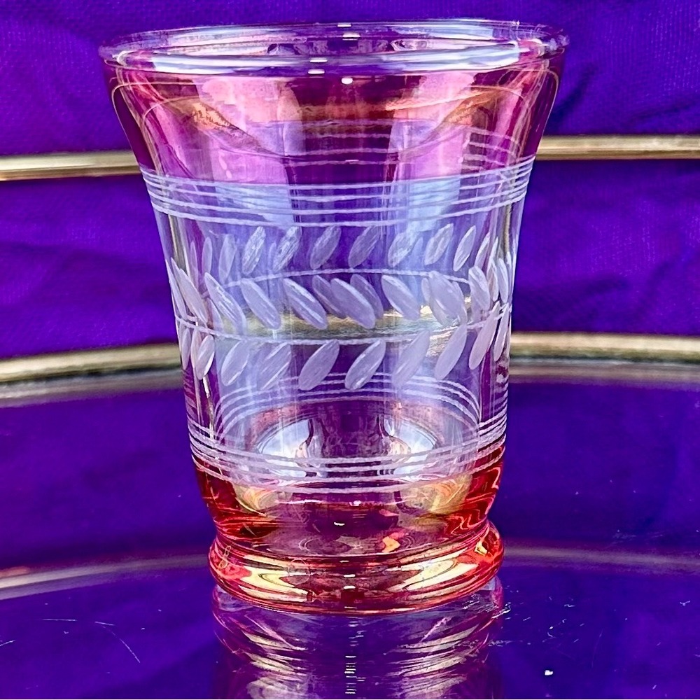 Vintage‎ 50s Bohemian Cranberry Flashed Etched Leaf Juice Glass Mid Century